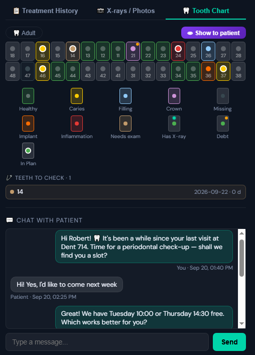Patient card in PatientBack: FDI tooth chart with caries, fillings, a crown, an implant and inflammation, and the chat with the patient below