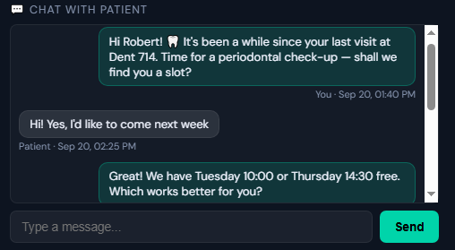 Chat with a patient inside PatientBack: a recall message from the clinic, the patient's reply and the clinic's answer with two free slots