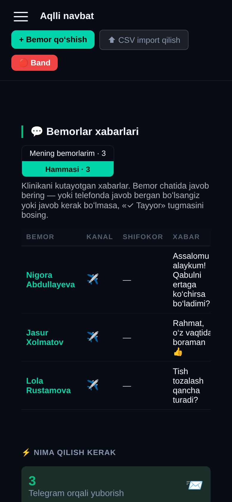 PatientBack kabineti ekran surati — Bemor xabarlari va bugun nima qilish kerak